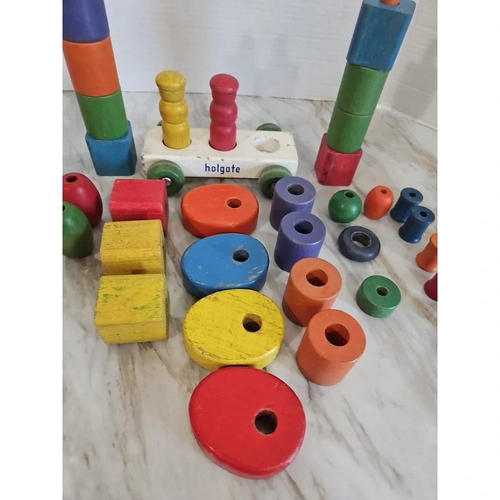 Vtg Lot Of Wooden & holgate  Building Blocks Different Sizes & Shapes 38 Pcs